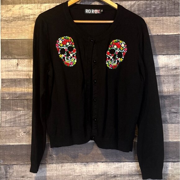 Ro Rox Womens Embroidered Sugar Skull Black Cardigan Goth Pinup Rockabilly - Picture 1 of 6